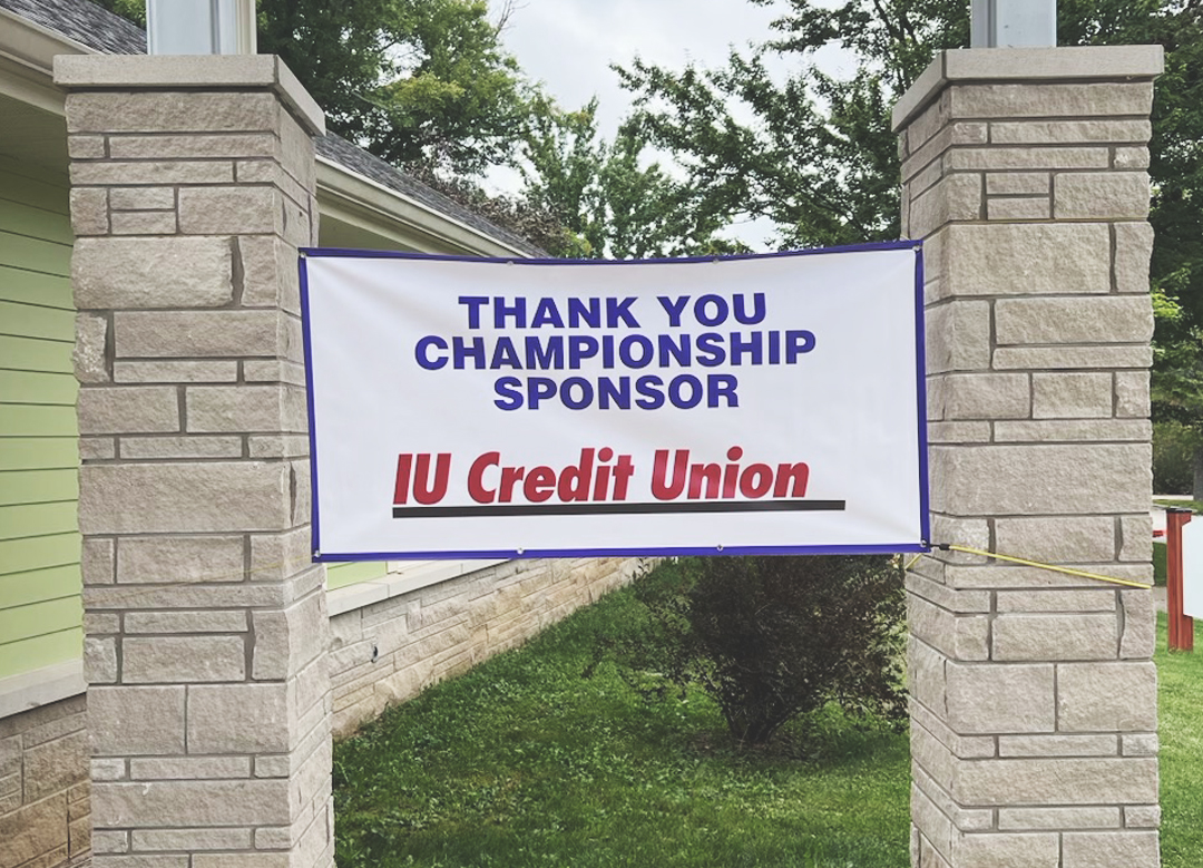 Photo of the IU Credit Union Sponsor banner at the BBoR Golf Scramble