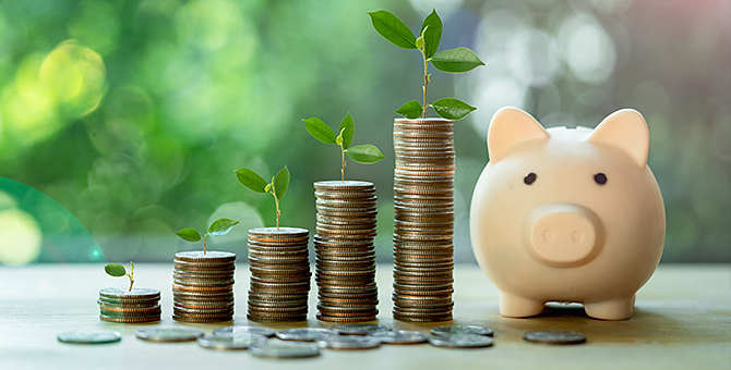 Photo of a piggy bank and stacks of coins