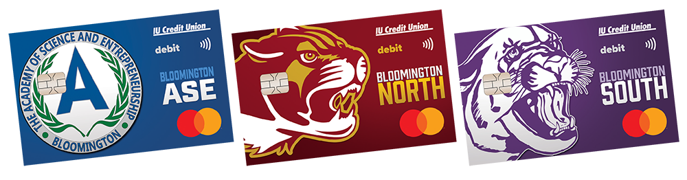 Images of three IUCU High School Spirit Debit Cards