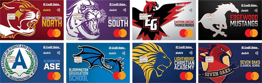 Image of eight IUCU High School Spirit Debit Cards