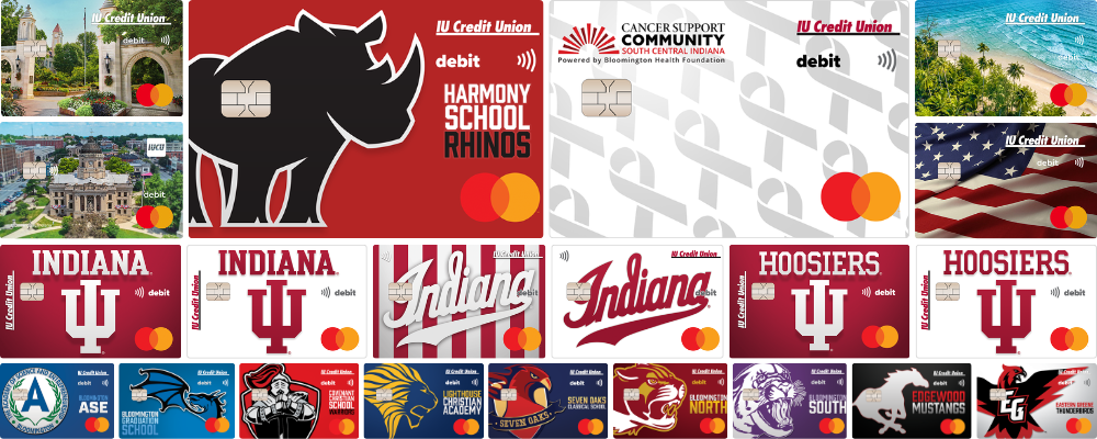 Collage of IU Credit Union debit card designs